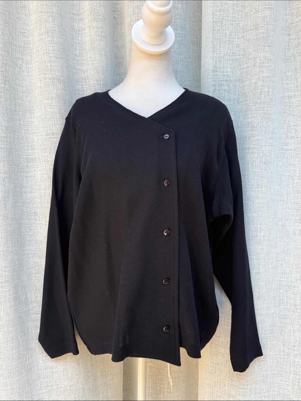 Kanae Ikai 1980 navy blue blouse wool cardigan unique off-center button closure